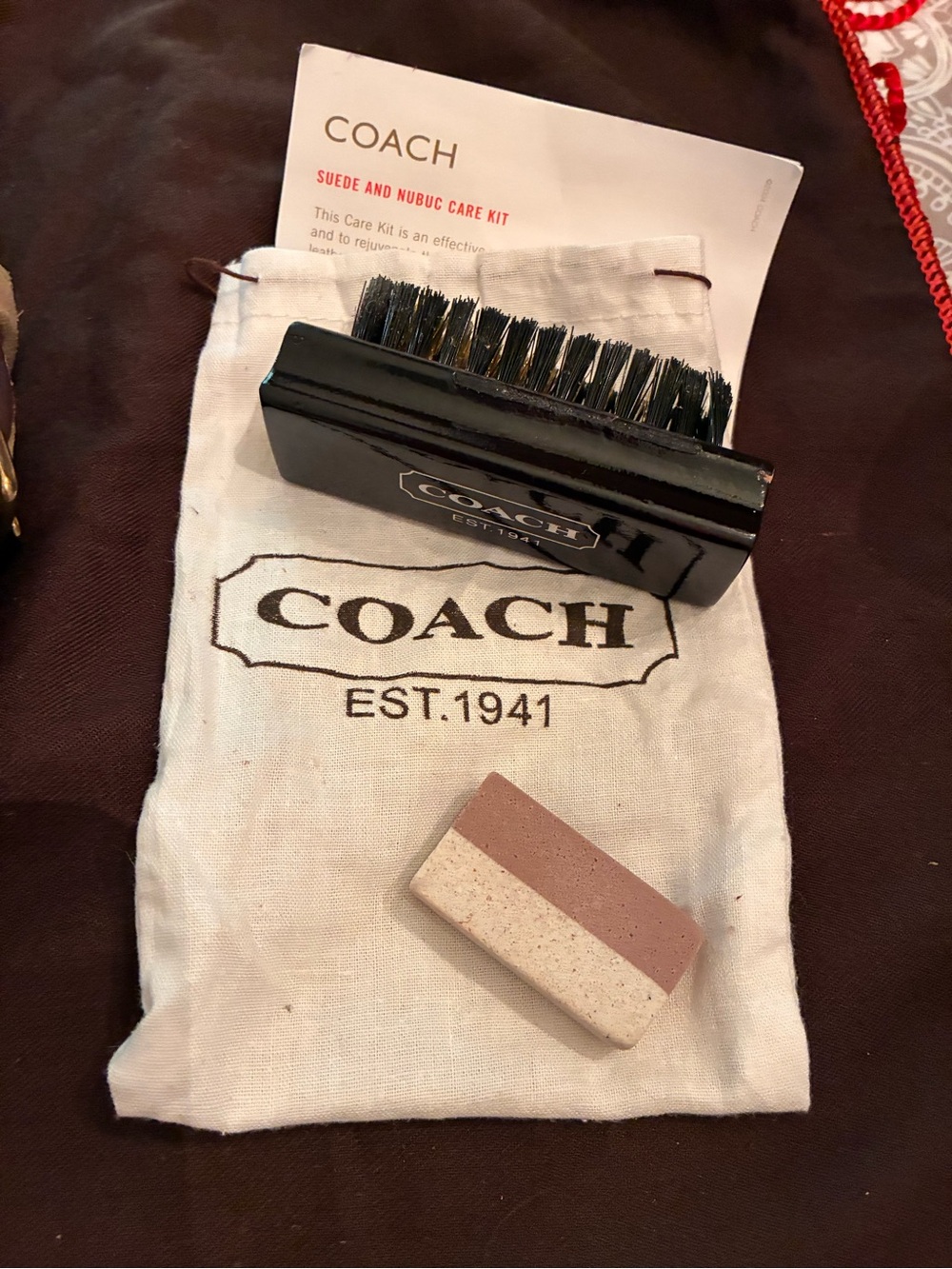 Vintage Coach Suede Hobo Bag in Tan with Burgundy Strap + Coach Suede Care Kit - Picture 14 of 14
